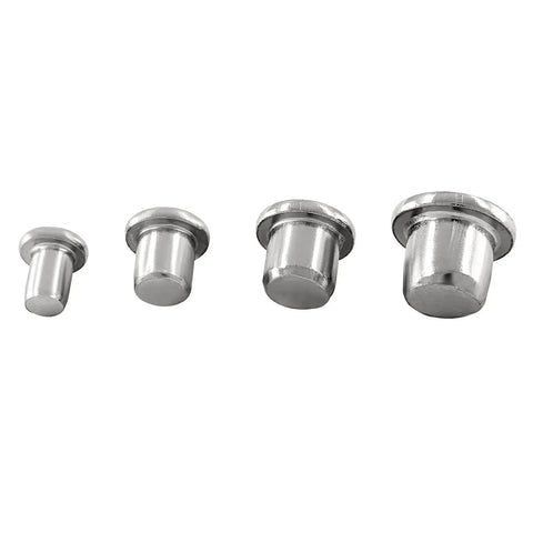 Set of four chrome-plated Dowel And Tenon Center Transfer Plugs in sizes 1/4, 5/16, 3/8, 1/2 inch for DIY woodworkers.
