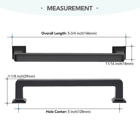 Measurement of 10 Pack 5 Inch Matte Black Cabinet Handles Made From Solid Zinc Alloy For Kitchen Cupboard And Drawer Hardware Center To Center 5 Inch Mounting Pulls