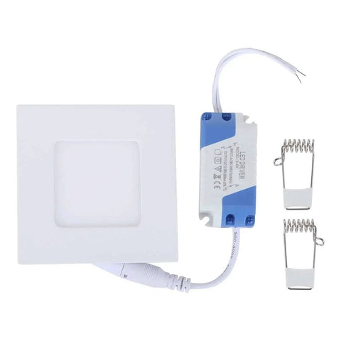 Square LED panel with power driver and mounting clips, white finish