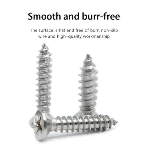 Close-up of three 304 stainless steel self-tapping screws from the Heavy Duty 304 Stainless Steel Wood And Metal Screw Kit With 450Pcs Self Tapping Phillips Countersunk Flat Head Screws M3 M4 M5 Assorted Sizes For Wood Metal And Diy Projects, showing smooth and burr-free finish.