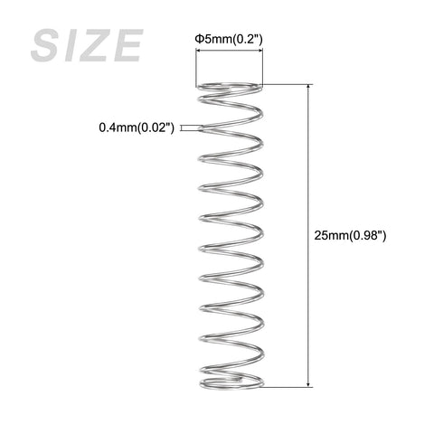 METALLIXITY compression spring, 0.4mm wire, 5mm OD, 25mm free length, stainless steel, silver tone