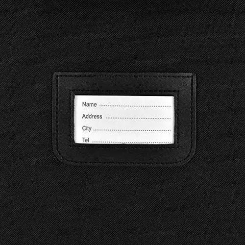 Close-up of luggage name tag on New Yorker Lightweight Expandable Rolling Luggage Set By U S Traveler Blue 4 Piece Suitcase Set.