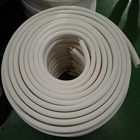 Coil of white insulated 1/4 in copper tubing for HVAC refrigerant, 25 ft long.