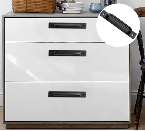 Black Aluminium Alloy Barn Door Handles Set of 2, 7 Inch Sliding Door Pull Handles with Plate installed on white cabinet