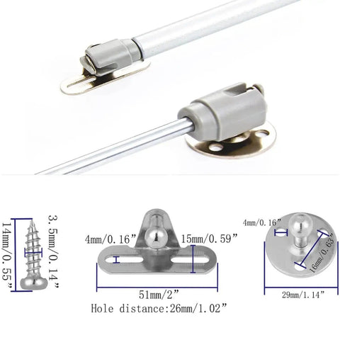 Gas Spring Lift Support For Cabinet Doors 20N 4.4 Lb, Stainless Steel And Nylon Construction With Silver Finish, 6 Inch Length, details and measurements