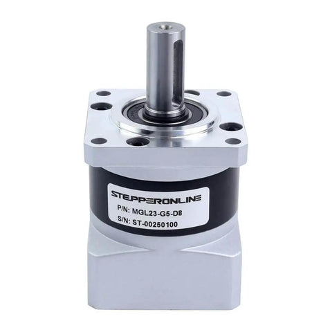 Front view of 10:1 Planetary Gearbox for Nema 23 Stepper Motors with 8mm shaft, 57mm flange, metal housing, and low noise operation.