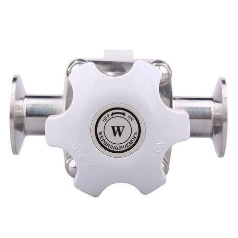 DERNORD sanitary diaphragm valve with white knob, 316L stainless steel, silicone seal, 1.5 in tri-clamp ends, 1 in tube OD