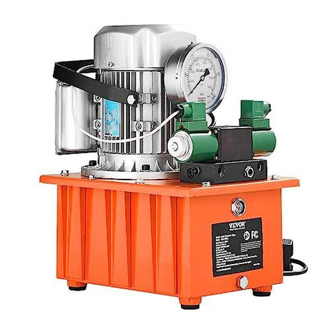 VEVOR hydraulic electric pump, 10000 PSI, orange base, silver motor, gauge, and green valve block.