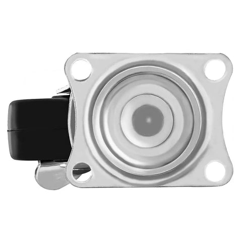 Top view of 12 Pack 2-Inch Swivel Casters With Brakes For Cart Or Equipment, showing top plate mount and hard rubber wheel.