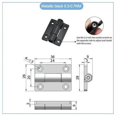 4Pack Adjustable Position Control Hinge Set With Metal Countersunk Holes And Adjustable Torque Zinc Alloy Damping Hinge For Furniture Cabinets Equipment And Instruments 36x28MM Black Finish Built To Last diagram and dimensions.