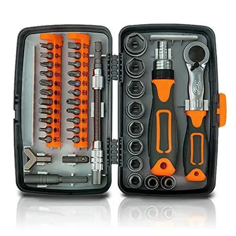38-in-1 Labor-Saving Ratchet Tool Set With Screwdrivers And Sockets in open case showing various sockets and driver bits