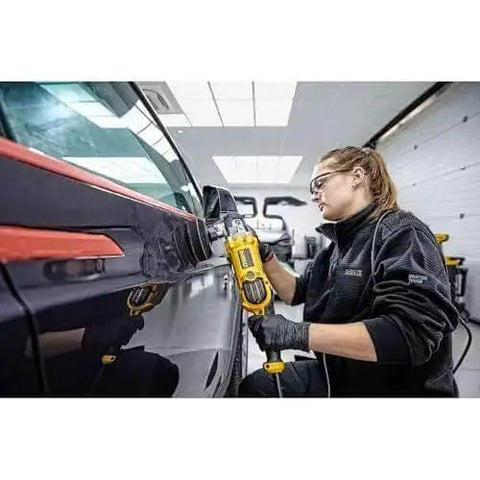 Person using Beast Mode Heavy Duty Corded Car Buffer Polisher on vehicle side panel for detailing and high gloss finish.