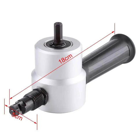 Close-up of Dual Head Electric Sheet Metal Cutter Nibbler Kit showing dimensions 18cm x 8cm for precise metal cutting on various surfaces.