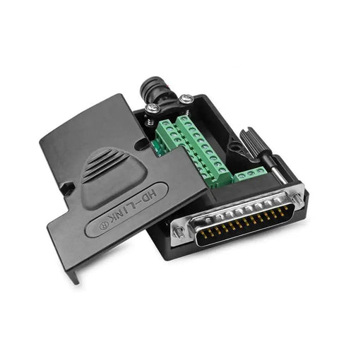 Two Pack DB25 Solderless Connector Kit For RS232 D Sub Serial To 25 Pin Breakout Gear with case, showing male connector