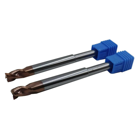Two Piece Quarter Inch Reduced Shank Router End Mill Set Featuring Five Sixteenth Inch Cutting Diameter, Thirty Seven Degree Helix, Solid Carbide, Three Flute, ZRN Coated Bits For Aluminum And Non Ferrous Materials, High Velocity Milling, side view with blue caps.