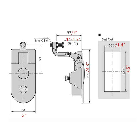 Diagram of Two Piece Sealed Compression Latch Flush Mount Trigger Lever Locking Black with dimensions and specifications.