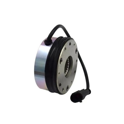 Electromagnetic brake for forklift handling equipment; metal housing, round flange, and attached black connector cable