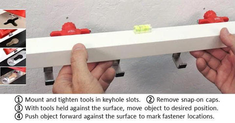 Slot Marking Tool Set for Keyhole Slots and Hangers in use, aligning sawtooth hooks on a wall, recessed marker design visible