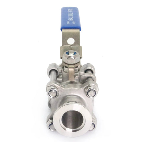 QiiMii stainless steel 304 KF-25 vacuum ball valve with clamp and blue locking lever, front view