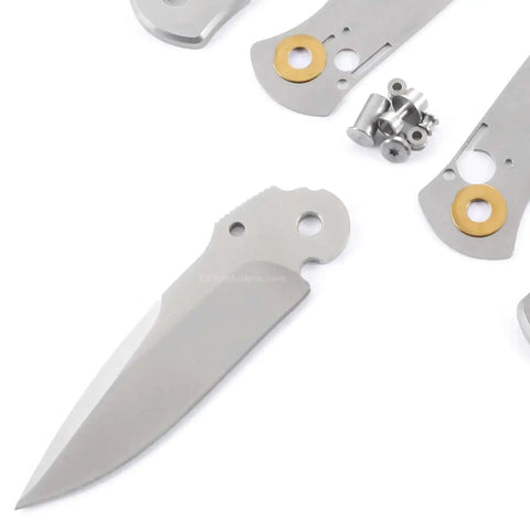 Disassembled parts of DDR3BL DIY Folding Knife Kit With Button Lock 440C Stainless Steel Blade 600 Grit Satin Finish