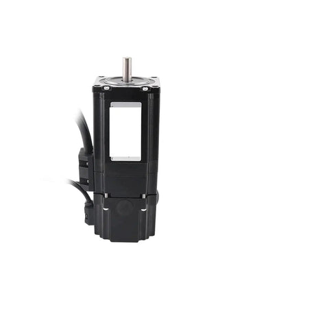 NEMA23 servo motor with brake, black housing, silver shaft, side cables, front view