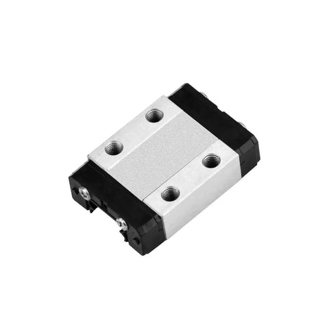 Close-up view of a carriage block for a 250mm Linear Sliding Rail Guide With Carriage Block For 3D Printer And CNC Machines Rock Solid Smooth Stainless Steel Bearings Durable Black Finish Includes Rail And Carriage.