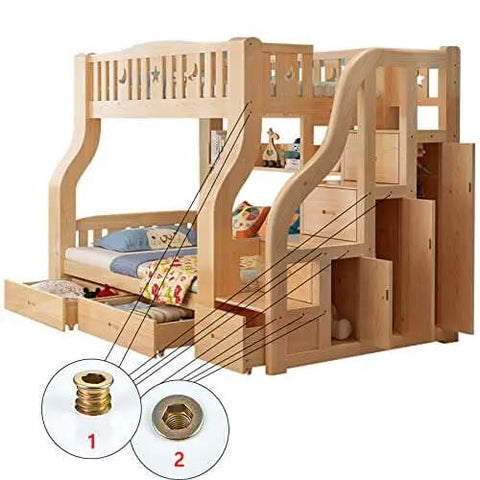 80 Pieces One Quarter Twenty Wood Threaded Inserts For Furniture Bolts With Hex Socket Drive shown installed in wooden bunk bed