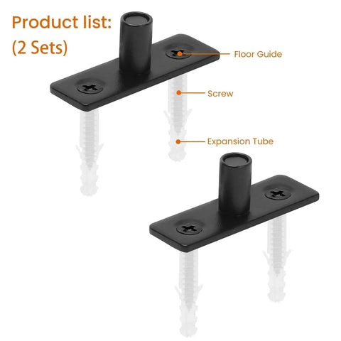 Bottom Mount Barn Door Floor Guide Two Pack T Shape Matte Black Roller Guides for Grooved or Ungrooved Doors shown with screws.