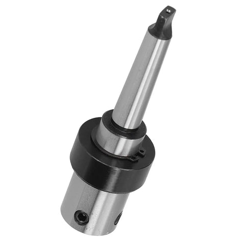Side view of Morse taper drill adapter with R8 internal cooling sleeve, MT2-19.05mm, metal with black collar