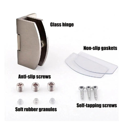 90 Degree Glass Door Hinge With Adjustable Clamp For 5 to 8mm Glass, Zinc Alloy Durable Pet Door Hinge, installation components shown