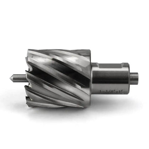 Slugger Annular Cutter Kit for Magnetic Drill Press, 1-3/8 Inch Cutting Diameter, 3/4 Weldon Shank, HSS cutter with pilot pin visible