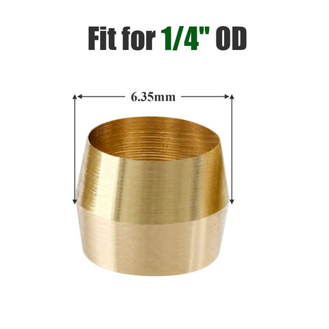 Brass compression sleeve ferrule for 1/4 in OD tubing, 6.35 mm diameter.