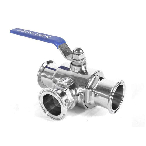1.5-inch stainless steel tri-clamp sanitary ball valve with blue lever and 3-way tee port