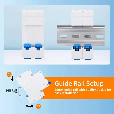 20 Amp Two Pole 120V And 240V Circuit Breaker with Thermal Magnetic Trip on DIN rail installation setup