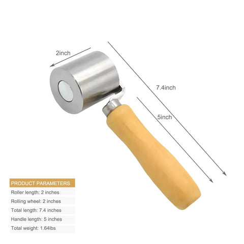 Metal seam roller with wood handle; 2-inch rolling wheel, 7.4-inch overall length