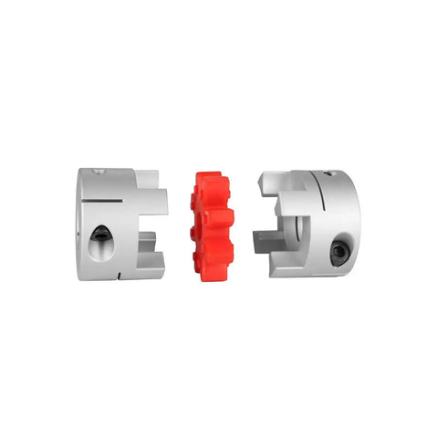 Exploded view of 40mm By 55mm Aluminum Flexible Shaft Coupling With 15 To 20mm Bore Zero Backlash High Torque Plum Elastomer, grey and red parts