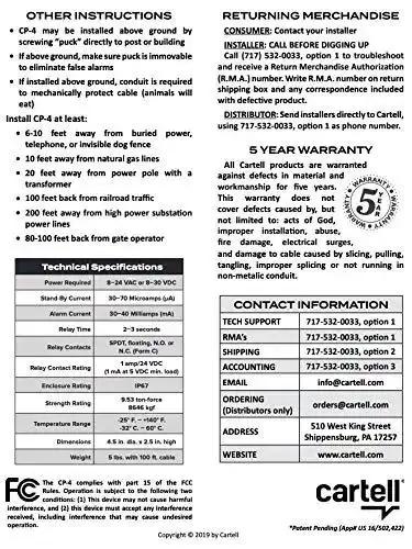 CP-4 Smart Driveway Free Exit Wand Sensor System installation and warranty guide, including contact information and specifications.