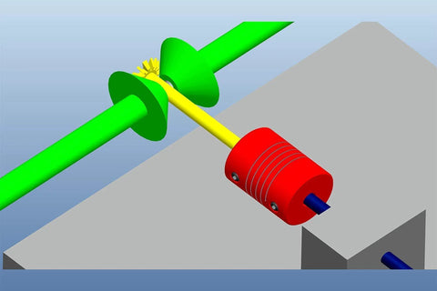 Red 10mm-to-10mm flexible motor coupling on a yellow drive shaft with a blue inner shaft, mounted on a green beam.