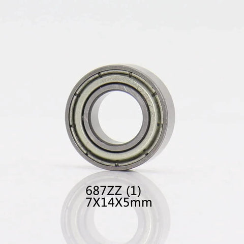 Close-up view of a 7x14x5mm 687ZZ bearing, part of the Three Piece Fishing Reel Bearing Kit For Shimano Ultegra 3000 4000 5000 Models Includes Eight By One, Thirty Four By One, Fifty One By One Deep Groove Chrome Steel 52100 Bearings A RB Bearing Kit.