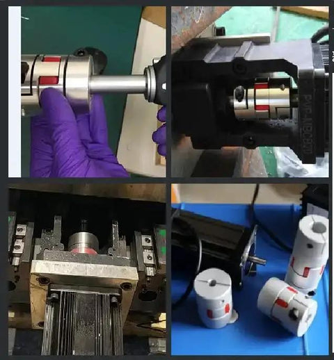 18mm To 18mm Aluminum Shaft Coupling Flexible Joint for Servo and Stepper Motors installed and in use, 66x40mm size, M6 thread.
