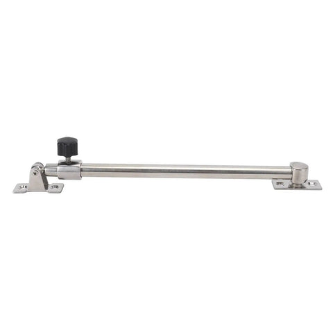 Side view of stainless steel hatch lid stay with black adjustment knob and dual mounting brackets for boats