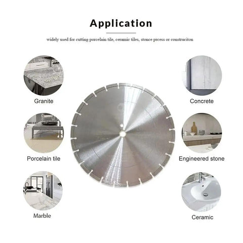 Thunder Series 12 Inch Diamond Blade For Dry Or Wet Cutting Concrete Stone Brick Masonry General Purpose Power Saw With Laser Welded Segments 1 Inch Arbor Factory Direct Sale displayed with applications for granite, porcelain, and ceramic.