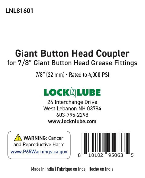Packaging of Heavy Duty Giant Button Head Grease Coupler for Seven Eighths Inch Button Head Fittings, 4000 PSI Max