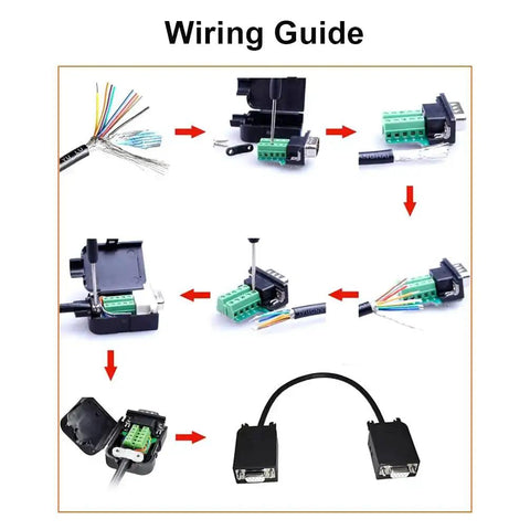 Step-by-step wiring guide for DB9 RS232 Breakout Connector Solderless Serial Adapter with female DB9 screw terminal module.