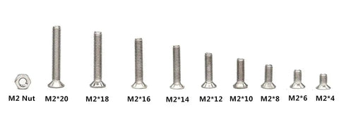 Assorted sizes of 360 Pcs Metric M2 304 Stainless Steel Flat Head Hex Socket Cap Bolts Screws Nuts Set arranged in order.