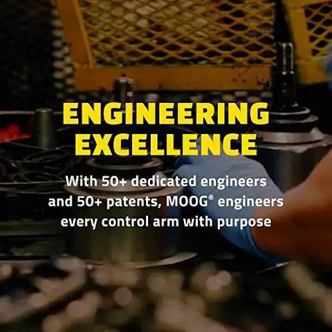 Engineering excellence message highlighting MOOG engineers and patents for control arms, showcasing technical equipment in background.