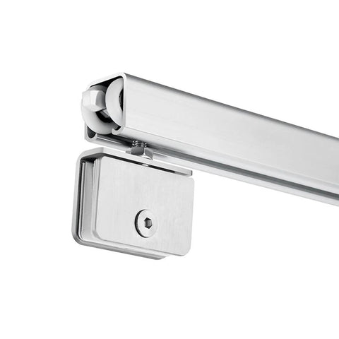 Quiet Sliding Door Track Kit With Silent Rollers For Glass Closet Barn Pocket Doors Ceiling Mounted Aluminum Rail Pro Grade Build Adjustable Length From Three Point Three To Twenty One Point Seven Feet, close-up view of aluminum rail and roller.