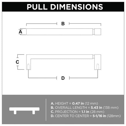 Dimensions diagram for Copper Asymmetric Notched Cabinet Pull For Cabinets And Furniture, 5-1/16 Inch Center To Center Drawer Handle