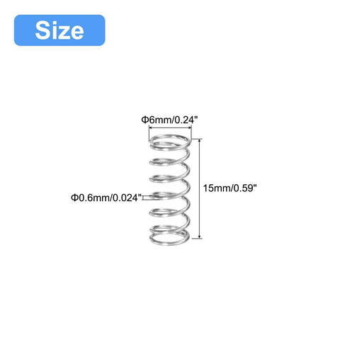 Compression spring, 6mm OD, 0.6mm wire, 15mm free length, 304 stainless steel, silver tone