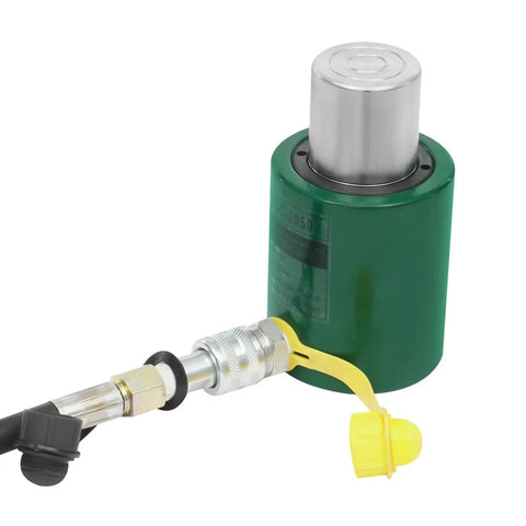 20 Ton Hydraulic Ram Jack With Hand Pump And Gauge Low Profile Porta Power Kit, close-up of metal cylinder and green body